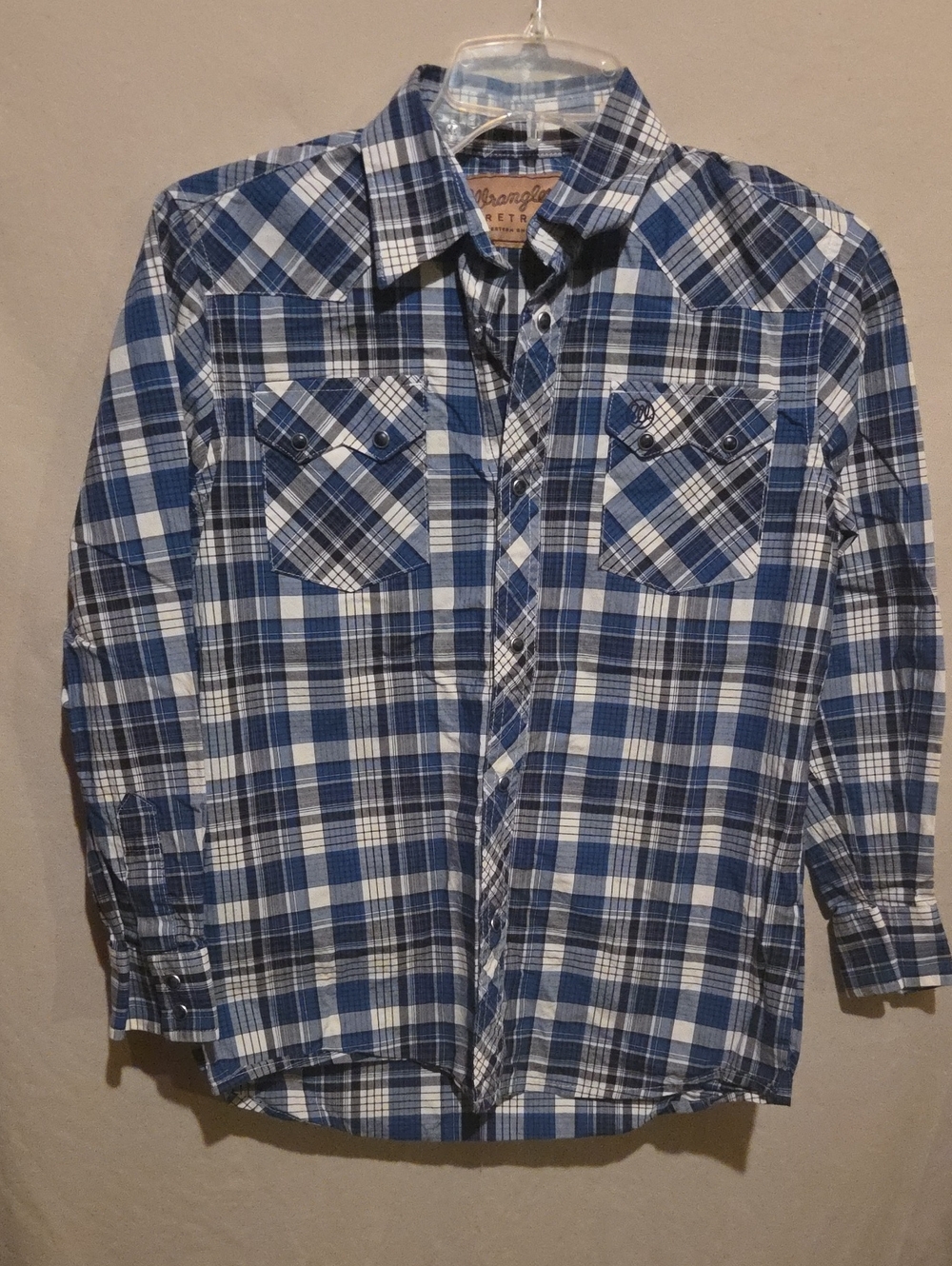 Wrangler Men's Blue and White Plaid Button-Down Shirt